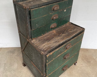 Vintage Rolling Tool Box - Wood and Metal Rolling Tool Cabinet - 6 Drawer Tool Box on Casters - Rustic Green Rolling Tool Chest