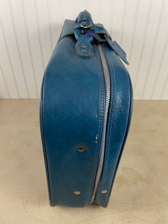 Vintage Blue Leather Suitcase, Soft Shell Luggage - image 5