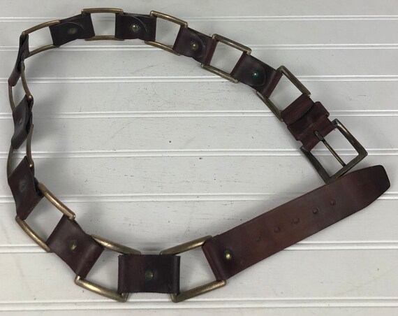 Saddle Brown Leather Link Belt with Brass Links -… - image 5