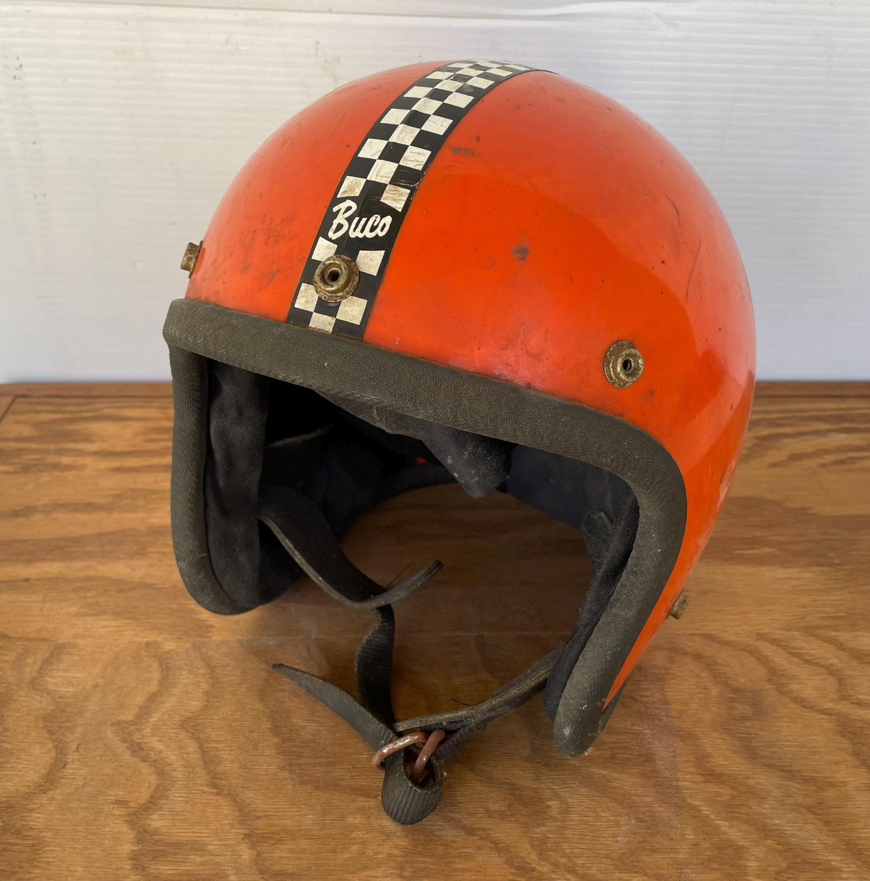 Vintage Buco Enduro Motorcycle Helmet - Open Face - 1970s Checker