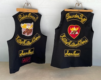 70s His & Hers CB Radio Vests - Custom Chain Stitch Polar Bear/Powder Puff - Vintage San Jose California Loyal Order of Moose Patches