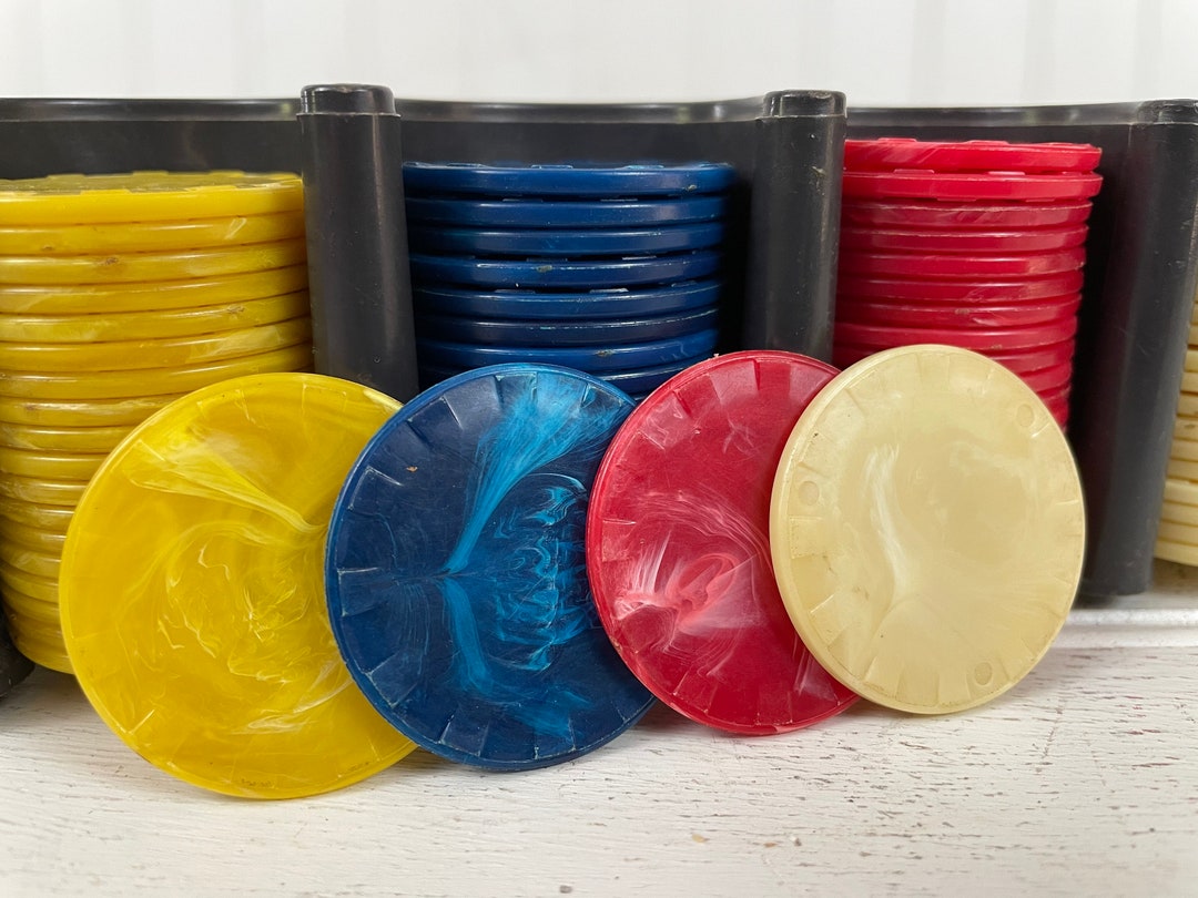 Vintage Bakelite Poker Chip Set With Carrying Rack 4 Colors of Marbled