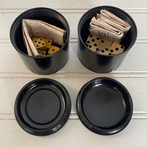 Vintage Bakelite Tote-Dice Set | Pair of Two Dice Cups with Screw Lids & Dice | Bakelite Game Night Travel Set