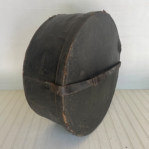 Huge Vintage Leather Hat Box - 24 Inch Silk Lined Hat Box - Round Victorian Hat Box