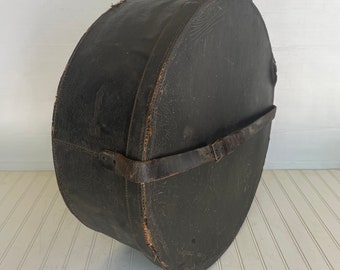 Huge Vintage Leather Hat Box - 24 Inch Silk Lined Hat Box - Round Victorian Hat Box