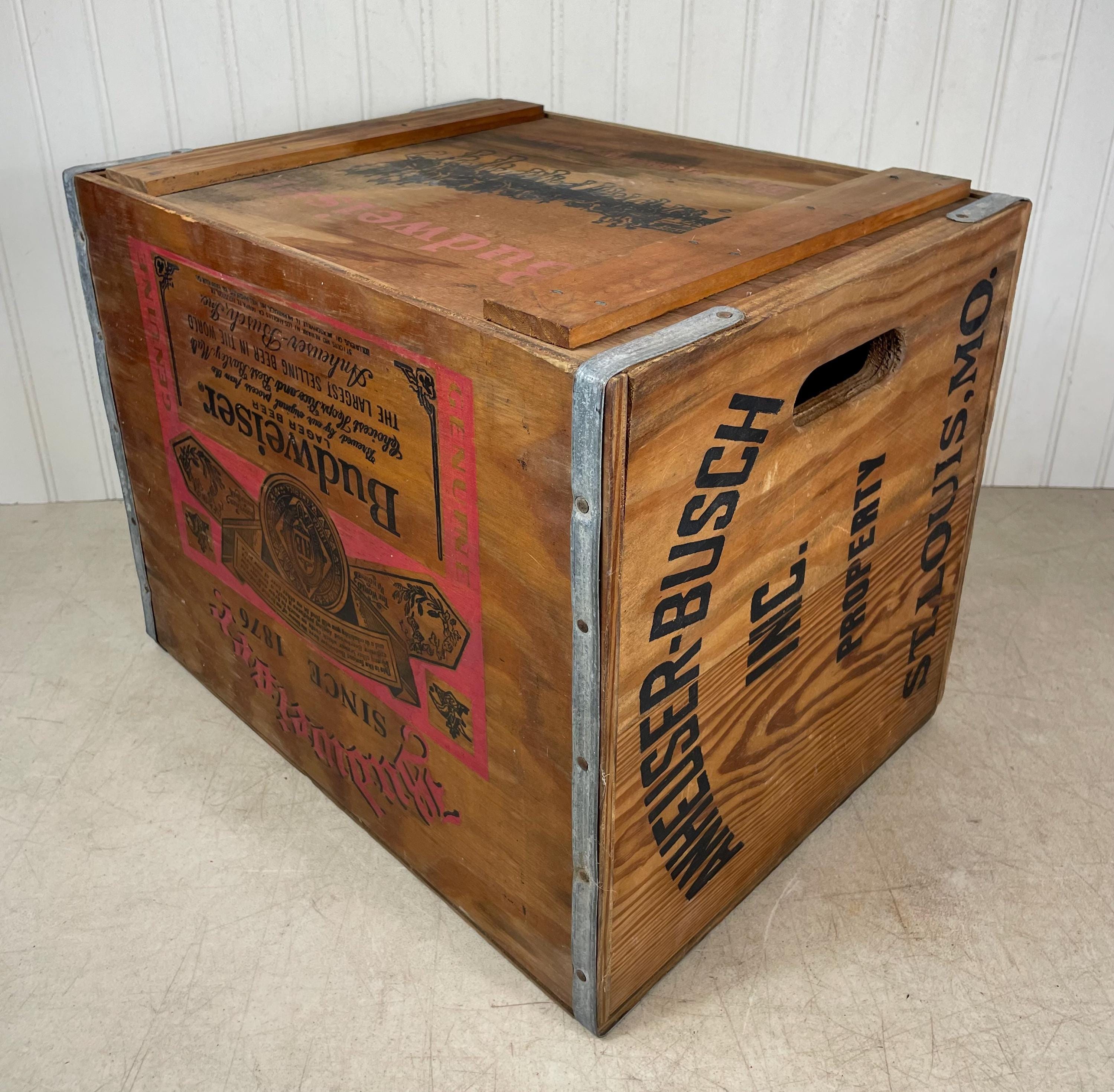 Vintage Budweiser Wooden Crate With Hinged Lid - Metal Trim Beer