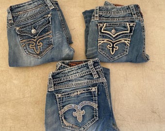 3 Pairs Rock Revival Denim Lot - Buckle Collab - Heavy Stitch Y2K Western Bootcut Jeans - Gwen, Alanis, Kelly Bootcut Size 30 31