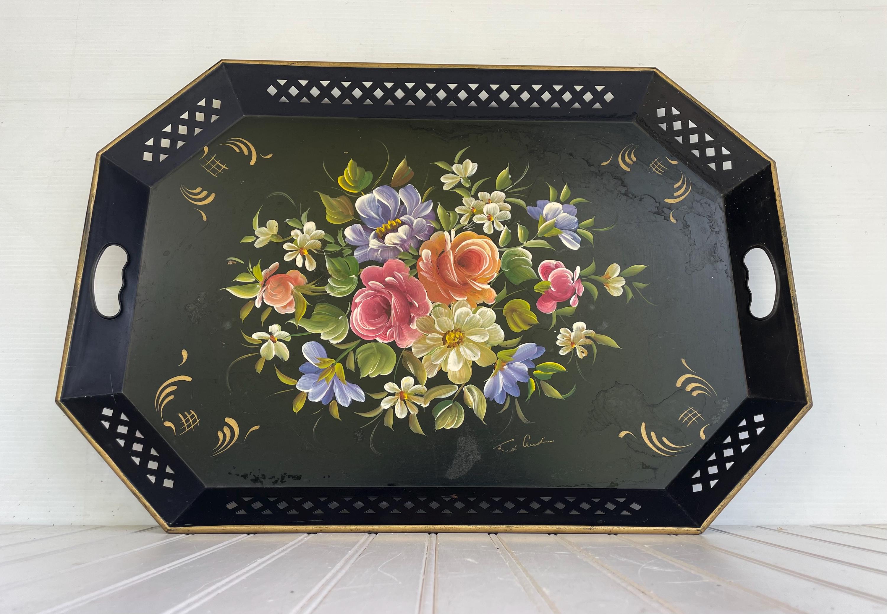 Vintage Fred Austin Hand-painted Floral Butler's Tray