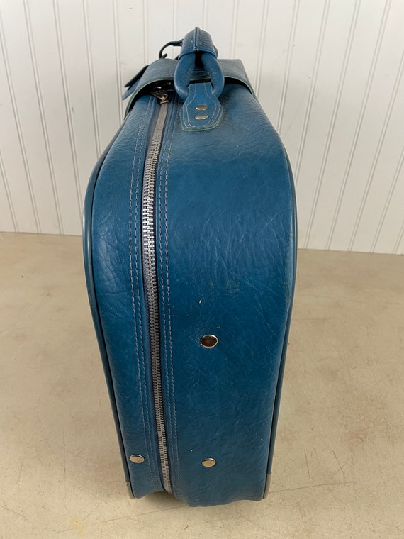 Vintage Blue Leather Suitcase, Soft Shell Luggage - image 4