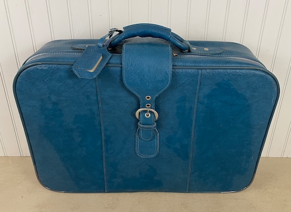 Vintage Blue Leather Suitcase, Soft Shell Luggage - image 2