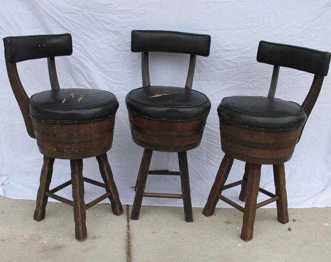 3 Vintage Whiskey Barrel Bar Stools Etsy