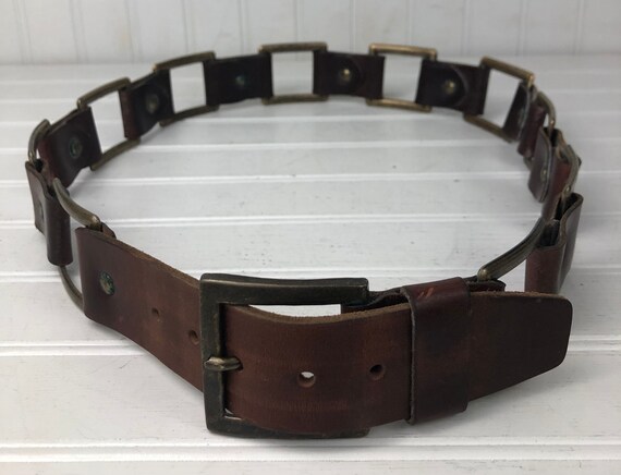 Saddle Brown Leather Link Belt with Brass Links -… - image 4