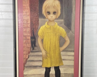 Margaret Keane Big Eyes Print - “The Waifs” - Early 1960s Framed Print - Very Rare - Girl in Yellow Dress with Black Cat