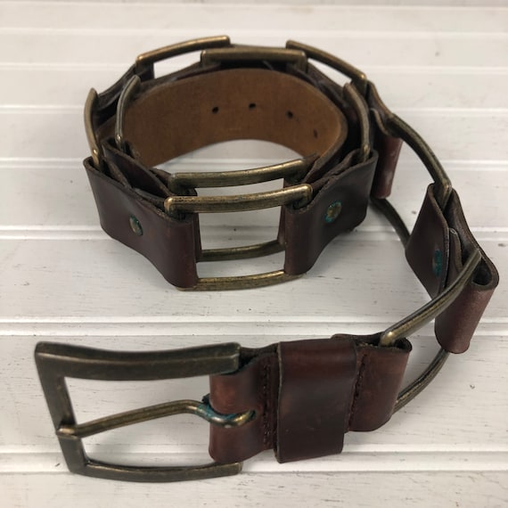 Tan Leather Brass Link Belt Saddle Brown Leather Link Belt With Brass Links - Groovy  main image 4