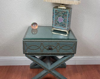 Wisteria Night Stand - Upholstered and Riveted Side Table - Single Drawer