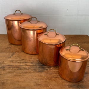 Rustic Copper Coated Canister Set - 4 Pots and 4 Lids - Vintage Kitchen Counter Decor
