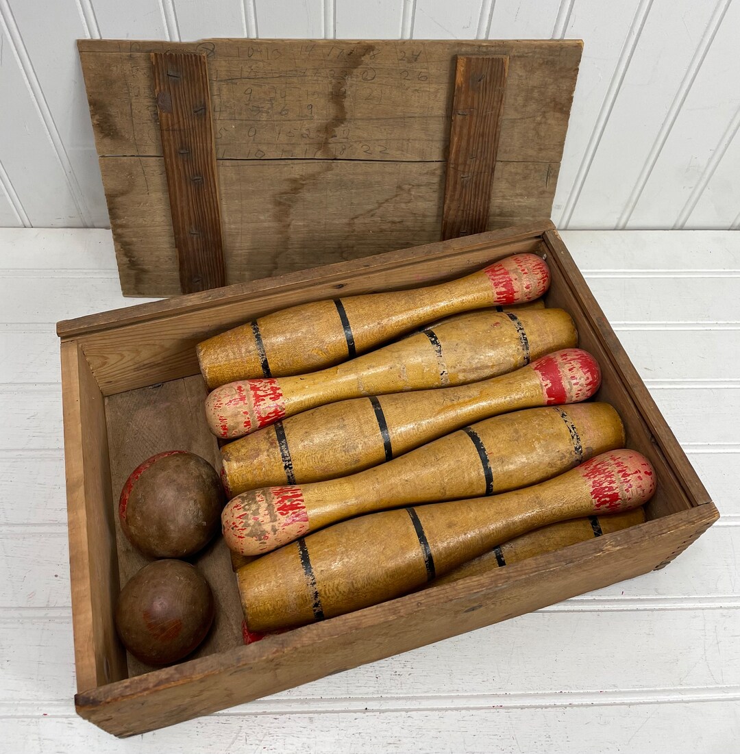 Vintage Ten Pins Bowling Game in Original Wood Box With Lid and 2
