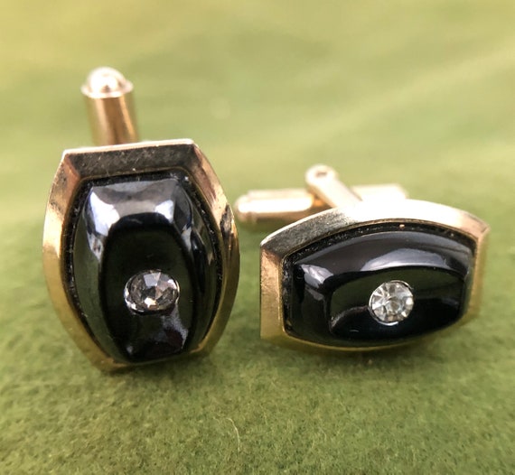 Vintage Cuff Links with Black Onyx and Diamond Ac… - image 1