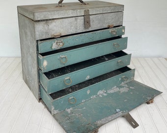 Vintage Galvanized Metal 4 Drawer Mechanics Toolbox - Rustic Metal Tool Box - Rat Rod Tool Cabinet