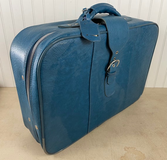 Vintage Blue Leather Suitcase, Soft Shell Luggage - image 1