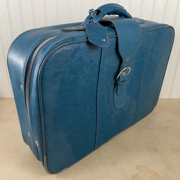 Vintage Blue Leather Suitcase, Soft Shell Luggage