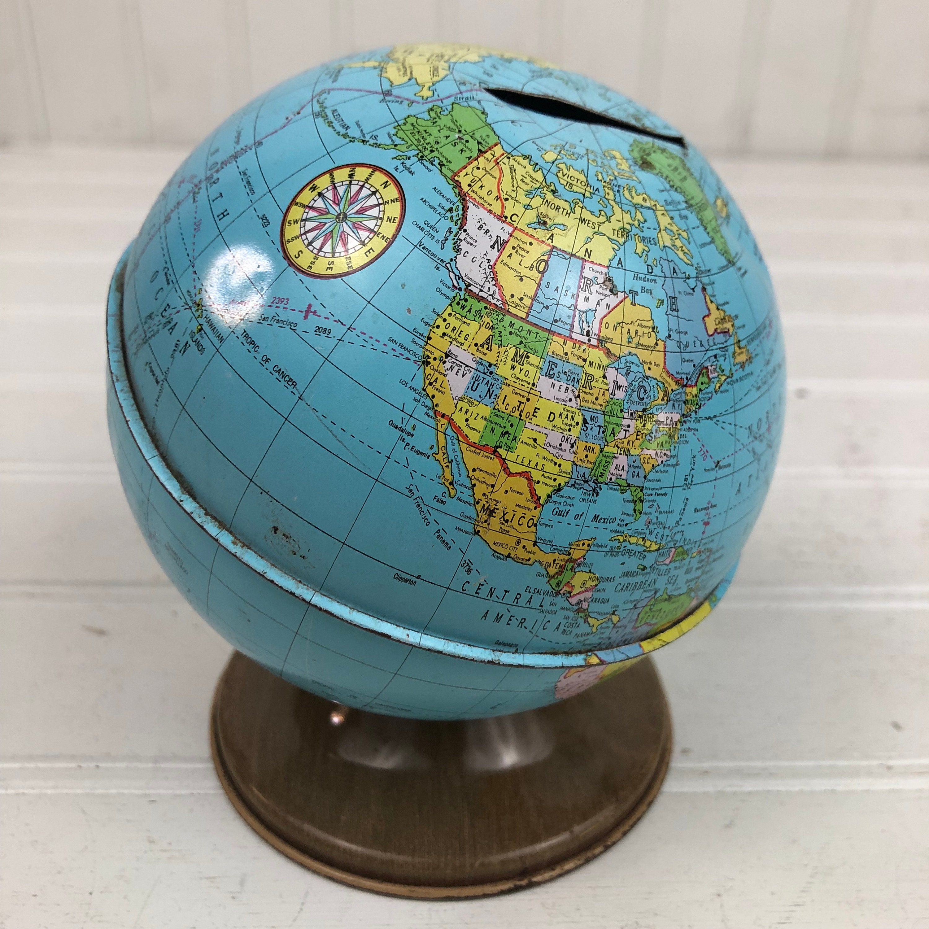 Vintage Ohio Art Mini Globe Bank - Miniature Metal Globe Piggy