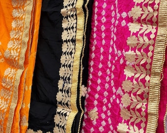 3 Pcs Combo Bandhej Silk Dupatta Set: Rajasthani Gotta Patti Dupatta Wedding Favors