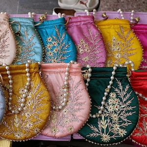 Silk Potli Bag Gottapatti Work Hand Bag Potli, Wedding Botli Bag Silk Bag, Women&#39;s Potli Bag, Wrist Bag Assorted Color Pack Of 10 Pieces