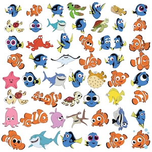 May include: A collection of cartoon fish and sea creatures in various colors. The image features characters from the movie "Finding Nemo" and "Finding Dory", including Nemo, Dory, and a shark. The illustrations are in a cartoon style.