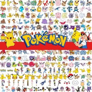 May include: A vibrant collage featuring numerous Pokémon characters and the word "Pokémon" in a bold, colorful font. The image includes Pikachu and Ash Ketchum, set against a red banner, showcasing a variety of creatures from the popular franchise.