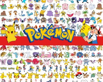 Paquete SVG de 1300 Pokémon, paquete SVG de Poke con elementos en capas, imágenes prediseñadas de Pokémon, Pikachu SVG, Squirtle SVG, Bulbasaur PNG, personaje del juego, silueta