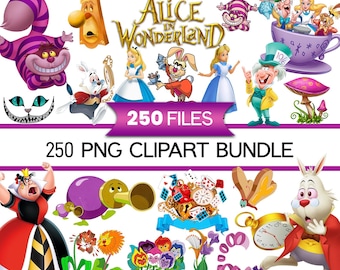 Pacote de imagens PNG e SVG de Alice no País das Maravilhas com papéis e alfabeto, clipart de Alice no País das Maravilhas, Chapeleiro Maluco, Coelho Branco e Rainha de Copas.