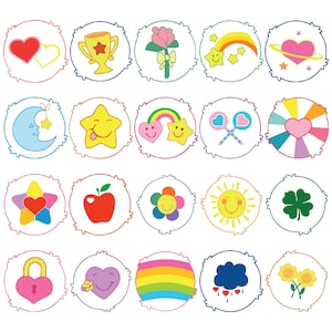 May include: A collection of twenty colorful cartoon-style circular designs. Each design features a different graphic, including hearts, stars, rainbows, flowers, and a smiling sun. The designs are outlined in a soft, textured border.