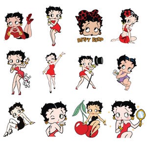 May include: A collection of cartoon illustrations featuring Betty Boop in various poses. She is depicted in a red dress, black dress, and other outfits. Some images include a dog, cherries, and a top hat. The illustrations have a vintage cartoon style.