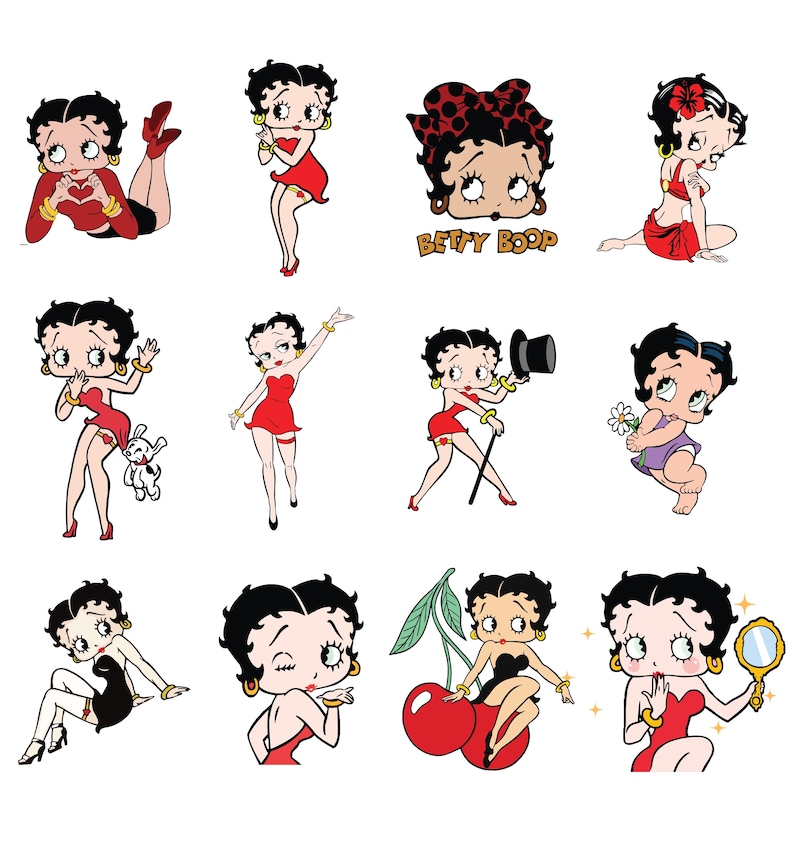 May include: A collection of cartoon illustrations featuring Betty Boop in various poses. She is depicted in a red dress, black dress, and other outfits. Some images include a dog, cherries, and a top hat. The illustrations have a vintage cartoon style.