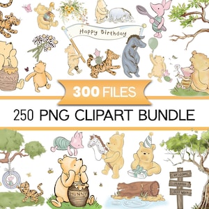 Może przedstawiać: Cyfrowa kolekcja 300 plików i 250 obrazów clipart PNG zawierająca akwarelowe ilustracje postaci z Kubusia Puchatka, w tym Tygryska, Prosiaczka i Kłapouchego, z garnkami miodu, drzewami i banerem z napisem Happy Birthday.