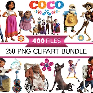 May include: A digital collection of 400 files and 250 PNG clipart images featuring characters from the movie Coco, including Miguel, Hector, Mama Imelda, and Dante the dog, alongside guitars, floral motifs, and the text Coco and 400 FILES.