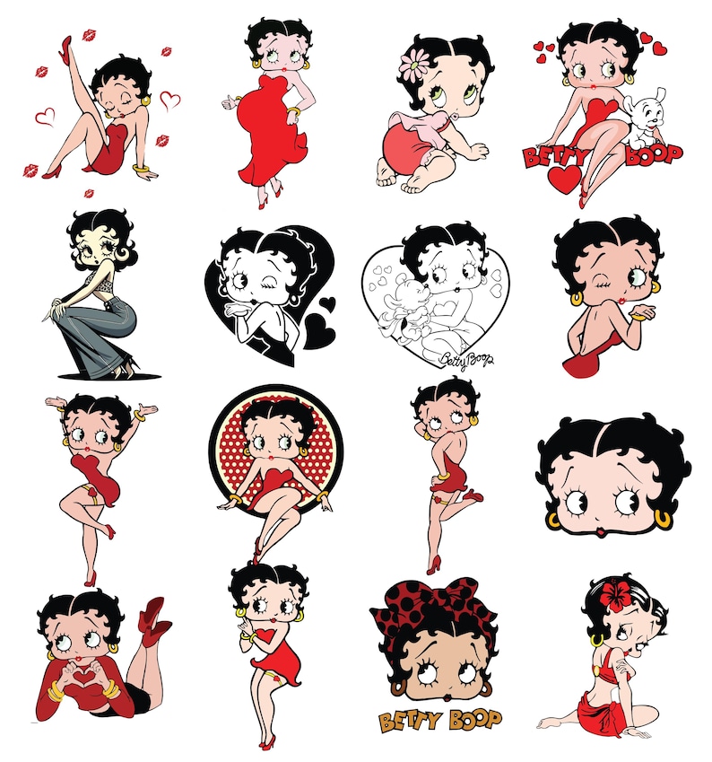 May include: A collection of Betty Boop illustrations in various poses. The images feature Betty Boop in red dresses and outfits, with black hair and a signature look. Some images include hearts and the text "Betty Boop".