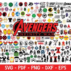 K&ouml;nnte beinhalten: Eine Sammlung von Superhelden-Logos und -Silhouetten, darunter das Avengers-Logo in Rot und Schwarz. Das Bild zeigt verschiedene Charaktere und Symbole aus dem Marvel-Universum, mit dem Text "Avengers Infinity War". Der untere Teil des Bildes enth&auml;lt den Text "SVG - PDF - PNG - DXF - EPS".