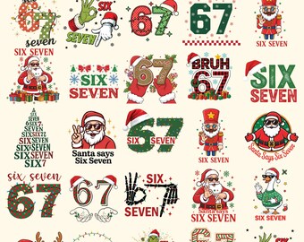 Paquete de imágenes PNG de memes navideños divertidos con el número 67, imágenes PNG de Papá Noel diciendo 67, imágenes PNG navideñas con el número 67, imágenes prediseñadas de bromas virales con el número 67, diseños de memes virales de Gen Alpha