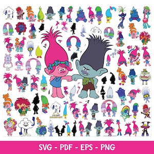 May include: A collection of colorful Troll characters in various poses, with pink, blue, and orange hair. The image includes two large Troll figures and the text "SVG - PDF - EPS - PNG" at the bottom.