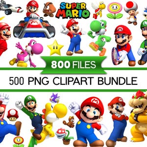 Op de afbeelding: Een digitale collectie van Super Mario-karakterillustraties, waaronder Mario, Luigi, Yoshi, Bowser, Toad en diverse power-ups. De afbeelding bevat de tekst 800 FILES en 500 PNG CLIPART BUNDLE, met uiteenlopende poses en spelelementen.