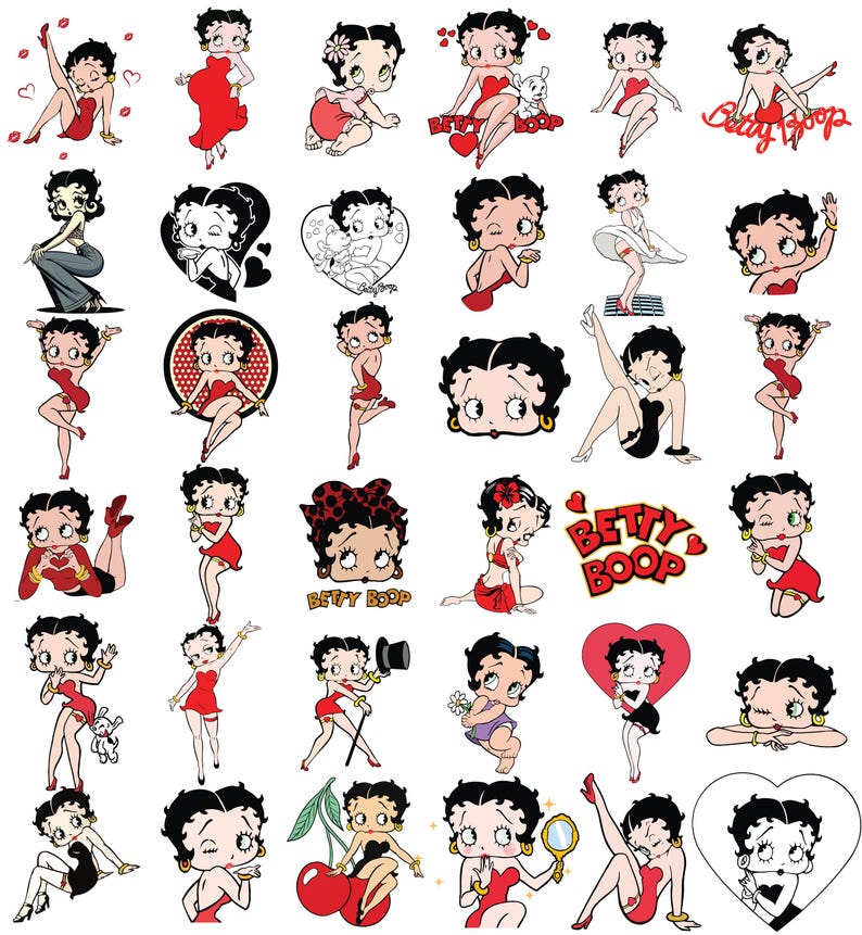 May include: A collection of Betty Boop illustrations in various poses and outfits. The images feature the cartoon character in red dresses, black outfits, and other attire. Some images include text such as "Betty Boop".