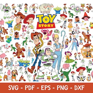 Peut inclure: Une collection colorée d'illustrations de personnages de Toy Story, dont Woody, Buzz l'Éclair, et d'autres. L'image présente le logo Toy Story et le texte "SVG - PDF - EPS - PNG - DXF" dans une bannière rouge.
