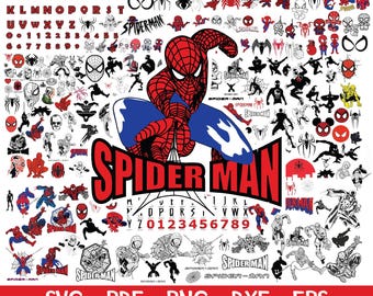 Paquete de elementos en capas de Spiderman SVG, fuente de Spiderman, archivos de corte de Spiderman para circuito, silueta de Spiderman, Spiderman PNG, superhéroe SVG