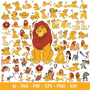 May include: A digital illustration featuring various characters from a popular animated film. The image includes a large lion with a red mane, a young lion cub, and several other characters in a variety of poses. The image also includes the text "AI - SVG - PDF - EPS - PNG - DXF".
