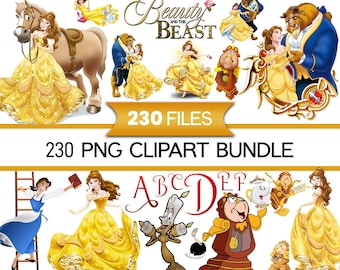 Pacote de imagens PNG da Bela e a Fera, Clipart da Princesa Bela, Desenho animado da Fera em PNG, Decoração para festa de aniversário de conto de fadas, Download digital