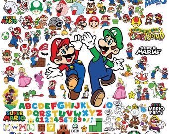 Paquete SVG de Super Mario para Cricut y sublimación, archivos de corte de Mario, imágenes prediseñadas de Mario, fuente de Super Mario, PNG de Mario, SVG de la familia Mario, SVG en capas