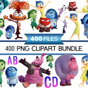 Puede incluir: Una colección digital de 400 archivos clipart PNG con varios personajes animados de la película Inside Out, incluyendo Alegría, Tristeza, Furia, Desagrado, Temor, Bing Bong y Ansiedad, con el texto 400 FILES y 400 PNG CLIPART BUNDLE.