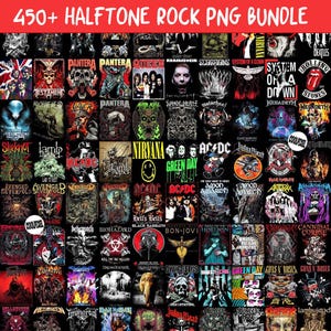 Puede incluir: Una colección de gráficos de bandas de rock, incluyendo logotipos y portadas de álbumes, en un estilo de semitono. La imagen presenta bandas como Nirvana, AC/DC y The Rolling Stones. El texto en la parte superior dice "450+ HALFTONE ROCK PNG BUNDLE."